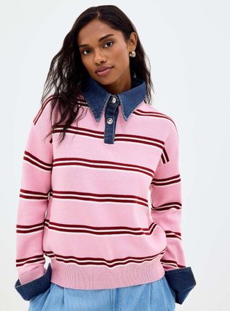 Contemporaine Womens Denim polo collar insert striped sweater