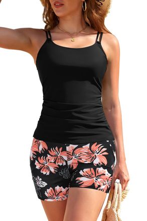 SHEKINI Womens Tankini Sets 2 Piece Padded Ruched Top with Pocket Boyshorts Plus Size Sporty Swimwear Bathing Suit, Black, Large