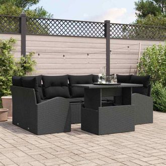 vidaXL Vidaxl - Conjunto De Sof&aacute; De Jard&iacute;n Con Coj&iacute;n 7 Pcs Negro Polirat&aacute;n