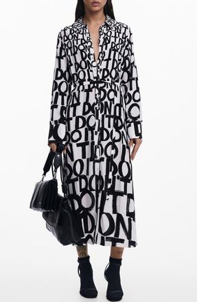 Desigual Print Tie Waist Maxi Shirtdress in White/black at Nordstrom, Size X-Small