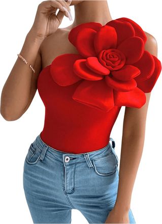 Generic Womens 3D Flower Top One Shoulder Sleeveless Slim Fit Elegant Rosette Top Blouse (Red,M)