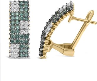 House of Brilliance 14K Yellow Gold 2.00 Cttw White and Treated Blue Diamond Four-Row Pave Omegaback Earrings