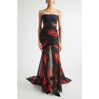 Carolina Herrera Rose Print Silk Chiffon Bustier Gown in Black Multi at Nordstrom, Size 10