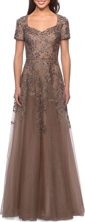 La Femme Embellished Tulle A-Line Gown in Cocoa at Nordstrom, Size 16