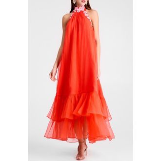 Helsi Romy Floral Appliqu&eacute; Tiered Crinkle Chiffon Halter Dress in Persimmon at Nordstrom, Size X-Small