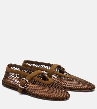 Alaia Ala&iuml;a Leather-trimmed fishnet ballet flats