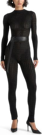 Mani&egrave;re De Voir Tiana Pointelle Knit Long Sleeve Jumpsuit with Belt in Black at Nordstrom, Size X-Small