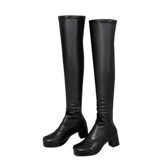 Generic Womens Stretch Pu Thick Heel Platform Flock Flock Synthetic Short Elastic Sleeve Shoes