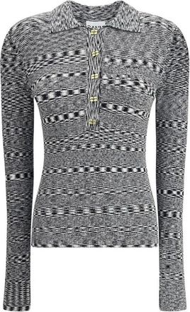 Ganni Space-Dye Knit Polo Shirt - Dames - Ronde hals truien - Zwart - M - Truien & Vesten