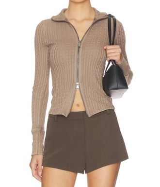 Free People Brunch Girl Zip Up Cardigan In Dusted Cocoa