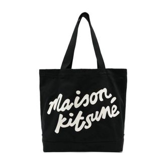 Maison Kitsun&eacute; Tassen, unisex, Zwart, ONE Size, Zwarte Tas met Platte Handvatten