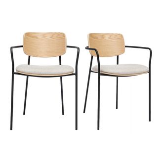 Miliboo Sillas De Madera Clara Roble, Tela De Terciopelo Beige Texturizado Y Metal Negro (juego De 2) Susan