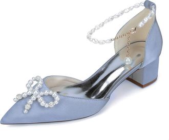 Generic Wedding Shoes Women Low Heel Bridal Satin Chunky Heels Dress Shoes Wedding Ankle Strap Evening Pumps 4.5Cm,Silver,10 UK