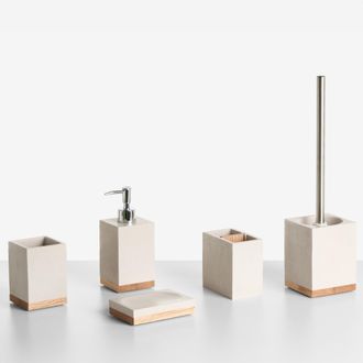 Beliani Conjunto De 5 Accesorios De Ba&ntilde;o Jabonera Dispensador De Jab&oacute;n Escobilla De Inodoro Vaso Soporte Para Cepillos De Dientes Beige Tapiche