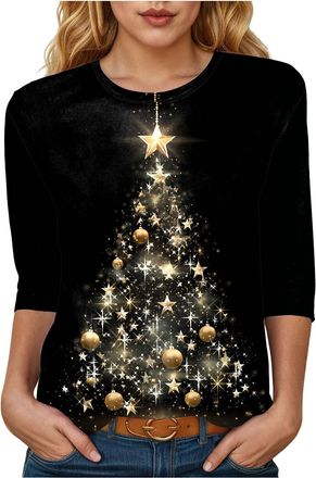 Generic Womens Christmas T Shirts 3/4 Short Sleeve Tops UK Christmas Tree Pullover Ladies Crewneck Christmas Sweatshirts Funny Graphic Tee Shirt Casual Xmas B