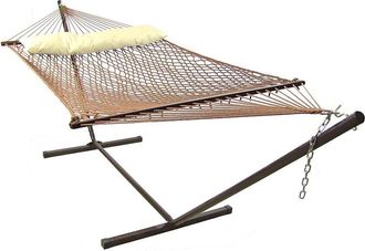 Sunnydaze Brown 2-Person Polyester Patio Spreader Bar Rope Hammock With Pillow