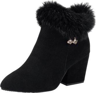 Generic Ankle Boots for Women UK Chunky Heel Suede Pointed Toe Rhinestone Detail Winter Boots Fashion Casual Comfortable Elegant Fall Winter Wear(Black,11)