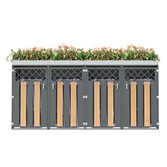 STILVORA Armario Para Cubos De Basura Con 4 Compartimentos Con Cerradura Y Jardinera Integrada En Acero Gris Y Madera