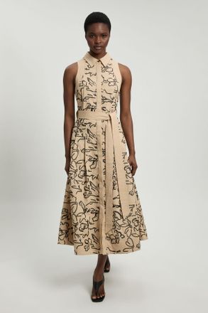 Karen Millen Womens Linen Matte Sequin Collared Midi Dress - Beige - Size 12 UK
