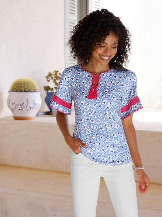 Heine Kurzarmshirt HEINE Druck-Shirt, Damen, Gr. 34, himmelblau, ecru, bedruckt, 95% Viskose, 5% Elasthan, bedruckt, gebl&uuml;mt, gemustert, mehrfarbig, Rundhal