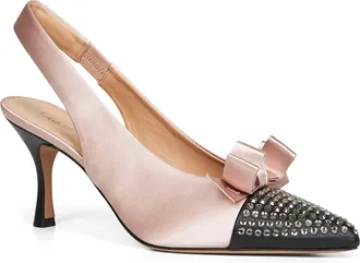 Chlo&eacute; Womens Nude Satin Rhinestone-Embellished Slingback Pumps Pink Lamb Fur High Heel Shoes