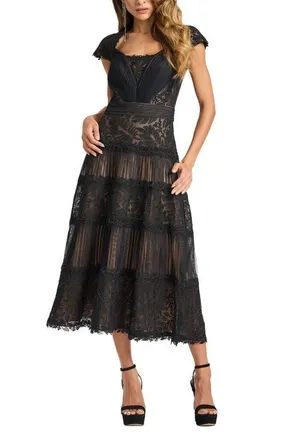 Tadashi Shoji Pintuck Pleat Embroidery Detail Cocktail Midi Dress in Black/Beige at Nordstrom, Size 10