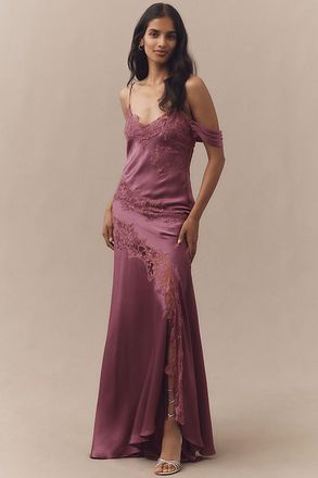 AMUR Reese Off-Shoulder Cascade Lace Satin Maxi Dress