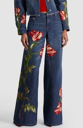 Alice & Olivia Amazing Low Rise Baggy Wide Leg Embroidered Jeans in Freyja Blue/soft Tulip at Nordstrom, Size 26