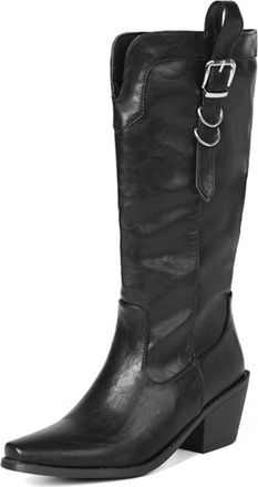 Generic Women Western Mid-calf Boots with Square Toe and Sturdy Heel - Retro Cowboy Style for Casual Outings, Office and Evening,Black,5.5 UK
