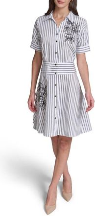 Karl Lagerfeld Floral Embroidery Detail Stripe Cotton Shirtdress in Soft White/midnight Navy at Nordstrom, Size 10