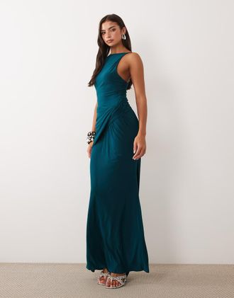 Asos vestito maxi fluido con vita arricciata in petrolio-Blu