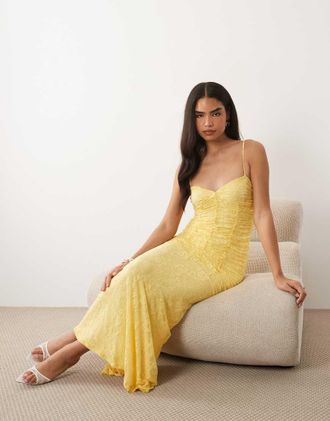 Asos Vestito lungo a sirena in rete color limone con finiture in pizzo e corpino arricciato-Giallo