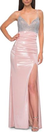 La Femme Metallic Jersey Ruched Prom Dress with Rhinestone Bodice in Blush at Nordstrom, Size 00