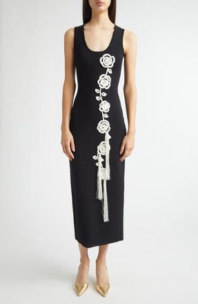 Lela Rose Floral Appliqu&eacute; Knit Midi Cocktail Dress in Black at Nordstrom, Size X-Small