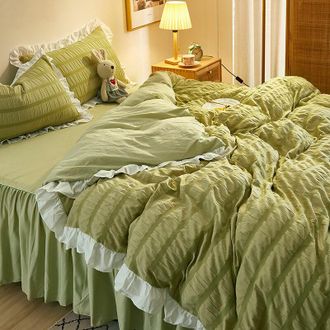 Hoopzi Duvet Cover 200x230cm + 2 Pillowcases 48x74cm 4pcs Teen Girl Adult Reversible Bedding Set With Zipper(Bed Skirts 150200cm) Green