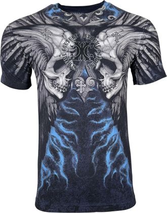 Xtreme Couture by Affliction Gothic Cross T-Shirt Silent Scream, Navy Blue and Gray, Skull Wing Design, Lightning Effect, Heather Blue (Silent Scream), XL