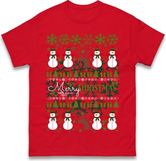 Generic Merry Christmas Reindeer Snowman Christmas T Shirt, Fun Festive Xmas Top, for Men Women Red