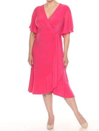 Joseph Ribkoff V-Neck Flutter Sleeve Faux Wrap Midi Dress In Geranium