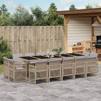 vidaXL Set Comedor De Jard&iacute;n Con Cojines 15 Pzas Rat&aacute;n Sint&eacute;tico Beige