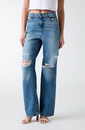 Guess High Waist Ripped Straight Leg Jeans in Blue at Nordstrom, Size 27 X 32