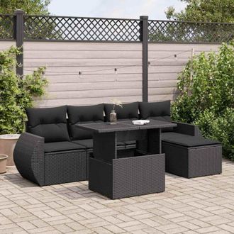 vidaXL Set De Sof&aacute;s De Jard&iacute;n 6 Piezas Y Cojines Rat&aacute;n Sint&eacute;tico Negro Vidaxl