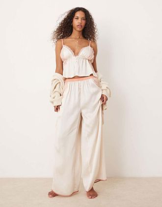 Free People lace insert silky pajama set in ivory-White