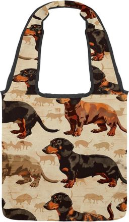 Generic Brown Dachshund Dog Reversible Canvas Shoulder Tote - Double-Sided Print, 12oz Cotton, 27cm Drop, Fold-Flat Bag for Travel, Shopping, Street Outings