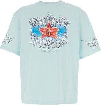 Casablanca blades Light Blue Crewneck T-shirt With Maxi Print On The Front In Cotton Jersey Man