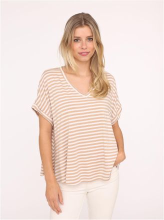 Zwillingsherz T-Shirt ZWILLINGSHERZ Maritime Streifen, Damen, beige, Obermaterial: 97% Viskose, 3% Elasthan, gestreift, loose fit h&uuml;ftlang, V-Ausschnitt, Shirts T-S