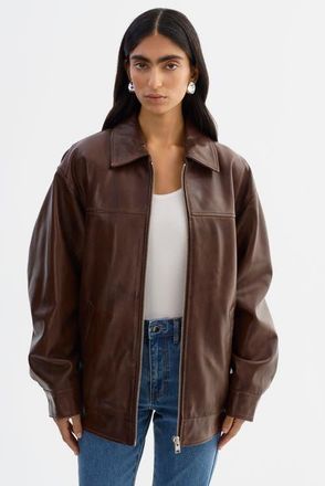 LaMarque THEIA | Leather Bomber Jacket in Dark Brown at Nordstrom, Size Xxx-Small
