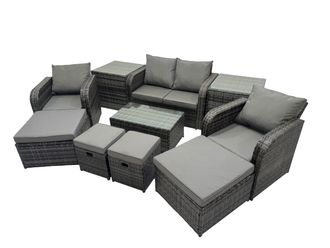 Fimous Garden Rattan Furniture Set 8 Seater with 4 Stools 2 Side Tables in Dark Grey