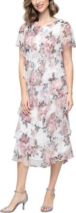 S.L. Fashions Tiered Floral Shimmer Midi Dress in Ivory/Pink at Nordstrom, Size 16
