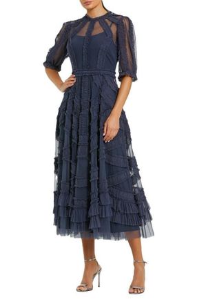 Mac Duggal High Neck Puff Sleeve Ruffle Tiered Dress in Midnight at Nordstrom, Size 22
