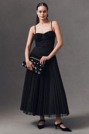 Hutch Amara Corset Pleated Tulle Drop-Waist Fit & Flare Midi Dress